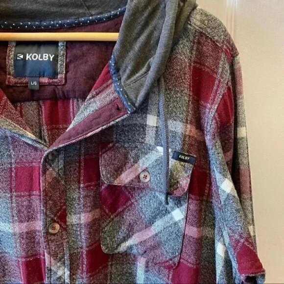 KOLBY Mens Flannel Shirt Button Up Shacket Hoodie Burgundy Grey Plaid Large - Picture 9 of 16